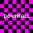 Pixelated text 'DOWNFALL' appears four times on a black and pink checkered background with animated distortions