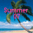 Pixelated beach scene with palm tree and pink text reading 'Summer 07' over blue sky and ocean background.