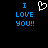 Blue pixelated text "I LOVE YOU!!" on black background with white heart symbol above right side of text.