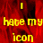 Yellow text on a red background with a gray section, displaying 'I hate my icon' in a pixelated style.