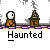 Animated contact sheet showing 12 frames of a pixel art haunted house icon with orange stick figure, brown tower, and ghostly figures in gray tones.