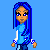 Animated contact sheet of a blue-haired cartoon character with multiple poses and text elements on a light blue background.