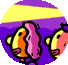 A circular icon with two cartoon fish swimming left to right against a purple and yellow striped background.