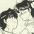 Pixelated grayscale image of two figures in close embrace, one with dark hair, against a light background with a black containing stylized text