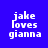 Pixelated text 'jake loves gianna' displayed across three distinct background color sections: blue, purple, and white.