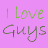 A static image with a pink background displays repeated text "I Love Guys" in green and brown fonts, accompanied by red heart symbols.