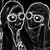 Two cartoon figures with long hair and glasses appear in grayscale and purple color schemes side-by-side.