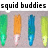 Pixelated image showing four vertical squid-shaped icons with gradient colors beneath the text 'squid buddies' in blocky font.