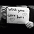 Black-and-white pixelated image showing a person holding a sign with handwritten text and heart symbols, surrounded by pixelated text phrases.