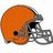 Pixelated orange football helmet with gray facemask and black eye holes, viewed from side against white background.