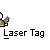 Pixel art character with white head and yellow torso holding gray object, with red laser line extending from torso in one frame and question mark above head in another.