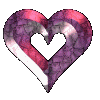 A 3D heart-shaped object with a purple and pink crystalline texture rotates through multiple angles against a gray background.