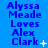 Blue background with repeated text 'Alyssa Meade Loves Alex Clark' in dark blue, featuring small white star and dot animations near the text.