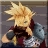 Pixelated character with spiky blonde hair, closed eyes, and a dark red outfit holding a large silver sword against a gray background.