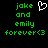 Green pixelated text on black background reads 'joke and emily forever<3' with a white heart outline above the text.