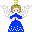 Pixelated angel figure with blonde hair, blue dress, white wings, and golden halo in prayer pose against gray background.