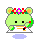 Two pixelated green characters with flower crowns stand on white platforms, one holding a red object near its face while the other holds it lower.