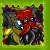 Pixelated cartoon character with red face, large blue eyes, and dark gray body against green background.