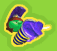 Animated pixel art of a green-faced character with purple hair and striped sleeves holding a blue object, outlined in yellow on green background.