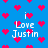 Blue background with scattered red pixel hearts and repeated white text 'i Love Justin' in a blocky font.