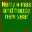Green background with yellow text reading 'Merry H-mas and happy new year' surrounded by red star shapes.