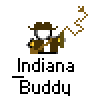 Pixel art buddy icon featuring a character resembling Indiana Jones with a whip, displayed in two identical frames on a gray background with red and black text above.