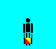 A pixelated figure with black body and yellow-red lower torso holds two red-yellow flags in various positions