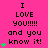 A bright pink background displays repeated text "I LOVE YOU!!!!! and you know it!" with green heart symbols, showing animation changes in heart count across frames.