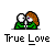 Pixel art of two figures in green clothing kissing, with text bubbles and repeated 'True Love' labels beneath each variation.