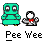 Animated contact sheet showing 11 frames of a pixel art buddy icon featuring a teal robot and white stick figure with red bow tie, each frame labeled "Pee Wee" below.