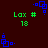 Pixelated green text 'Lax # 18' appears below blue geometric shapes on a dark red background, with variations in the shape's position across frames.