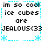 Pixelated text and symbols arranged in a with cyan borders, displaying phrases like 'im so cool' and 'JEALOUS<33'