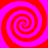 Four red and magenta spiral patterns arranged in a on a solid background, each with alternating color bands forming continuous swirls
