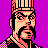 Pixel art portrait of a character with black hair, mustache, and goatee against purple background, wearing striped headpiece and checkered clothing.