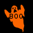 Animated orange ghost icon with 'BOO' text, transitioning from bright to darker shades against black background.