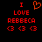 Red pixelated text and symbols on black background: 'I' above a heart, then 'LOVE', 'REBBECA', three '<3' icons.