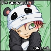 Pixel art character with red hair and green eyes wearing a panda hat, resting head on hand with text "I'M ADORABLE" and "LOVE ME".