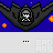 Pixel art animation of a dark winged figure with skull face above blue background, showing explosion effects and red portal transition.