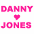 A static image displays pink text variations of 'DANNY JONES' with heart symbols above each name, alongside a small photo of a person in the bottom-left corner.