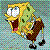 Pixelated static image of a cartoon character with yellow sponge-like body, large white eyes with blue pupils, brown square pants, and black shoes against light blue background.