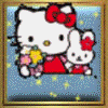 Hello Kitty and a white rabbit with red flower on head, both in red dresses holding yellow flowers against blue starry background with gold frame.