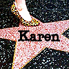 A star-shaped icon with a leopard-print high-heeled shoe on top and the name 'Karen' in bold text across the center.