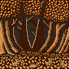 Pixel art depicting a forest scene with brown and orange trees, dark blue trunks, and beige ground texture.