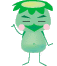 Four pixelated green cartoon characters with pink cheeks and closed eyes, each holding a yellow leaf-like object in different poses against gray background.