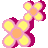 Two overlapping pixelated flowers with yellow petals, orange centers, and pink/magenta outlines on a gray background.