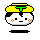 Pixelated cartoon character with yellow hat, black-and-white face, and orange cheek dots in animated sequence showing facial expression changes.