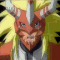Animated sequence of a red-skinned, horned character with spiky yellow hair and white shoulder pads performing dynamic poses against black backgrounds.