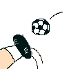 Pixelated soccer animation showing a foot kicking a ball, blue impact burst, and goal netting