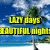 Pixelated beach scene with palm tree, blue sky, and white sand; four text blocks in yellow, cyan, pink, and green with phrases like 'LAZY days' and 'WATER fights'.