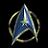 Pixelated static icon of a triangular starship with circular rings against black background, featuring blue and green color scheme with white highlights.